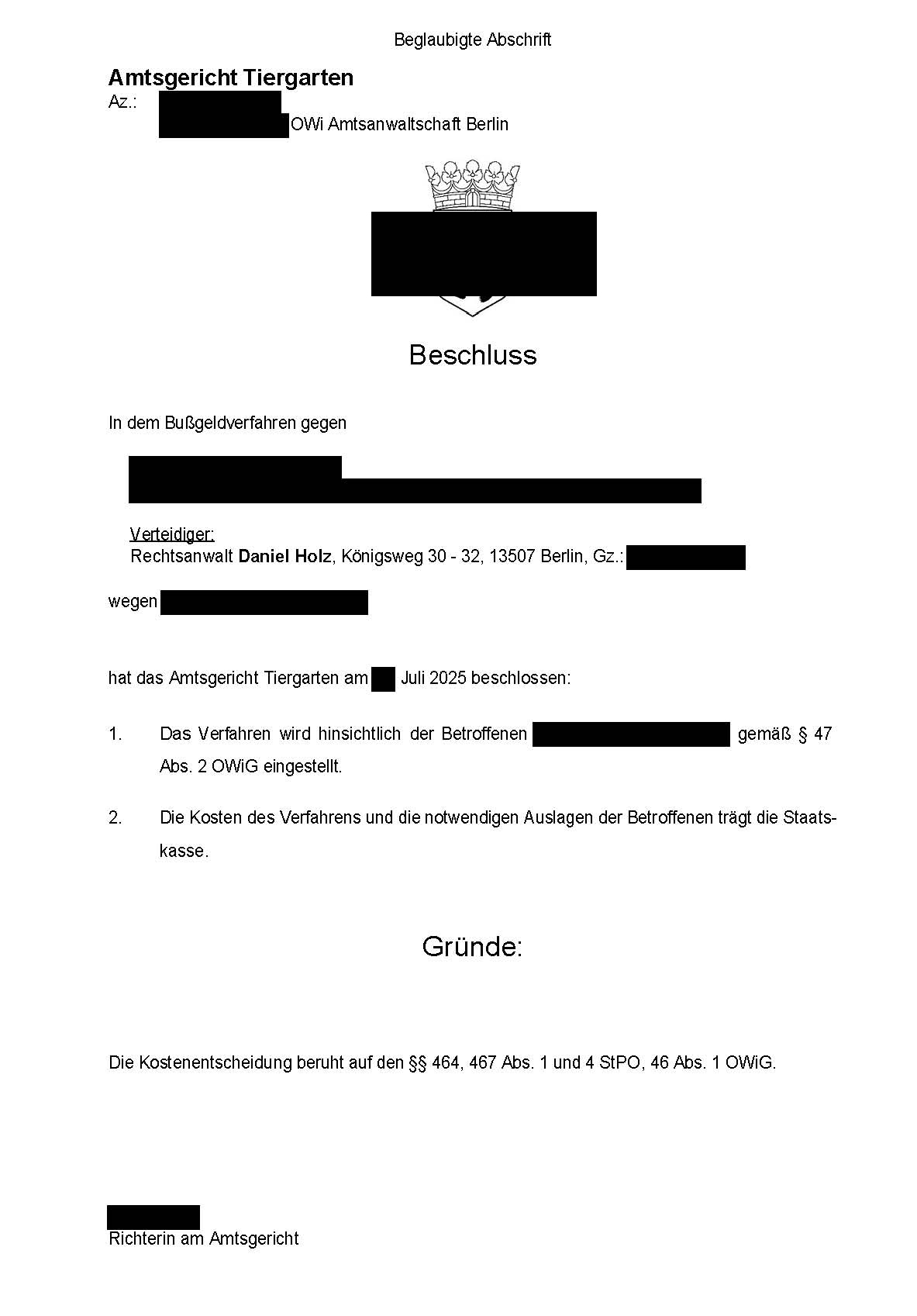 Wird auch gegen Sie strafrechtlich verhandelt? Einstellungsbeschluss